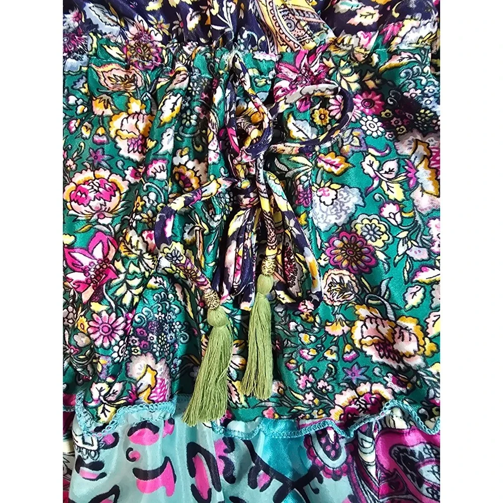 White Waves Bohemian Silk Blend Patchwork Maxi Dress Floral Paisley Tassel Blue - Picture 8 of 11